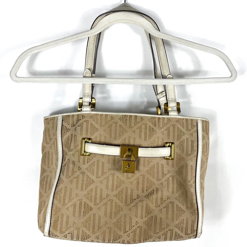 Ralph‎ Lauren Monogram Bag Tan Canvas Shoulder Satchel Leather Trim Lock